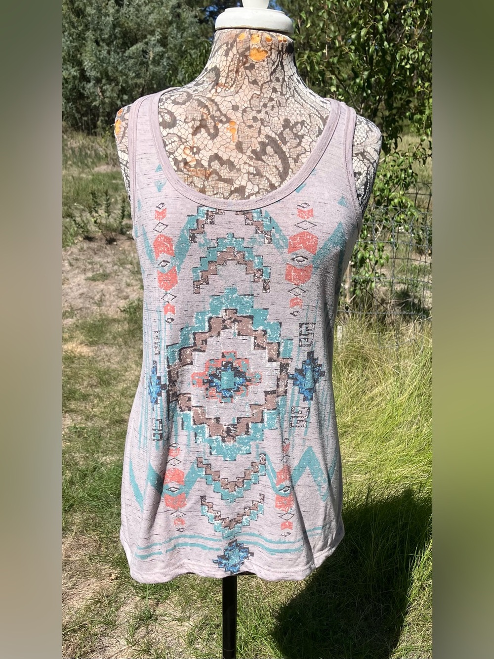 Maurices Light Gray Tank with Teal and Coral Aztec Motif